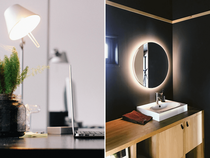 Účelové osvětlení v podobě stolní lampy a osvětleném zrcadle